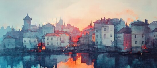 Fototapeta premium Serene sunrise illuminating a cityscape with buildings reflecting in calm water at dawn creating a peaceful atmosphere.