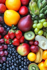 Fresh assorted fruits displaying vibrant colors and healthy eating, vertical