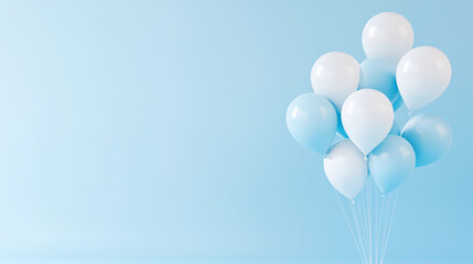 Elegant 3D Balloons in a Modern, Monochrome Pastel Studio A celebration of joy and lightness captured through pastel-colored blue air balloons gently suspended in a minimalist blue
