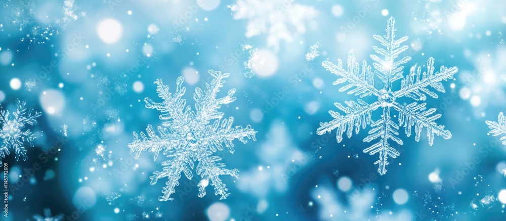 Poster winter snowflake texture featuring intricate crystal patterns and glowy bokeh effects in a blue back