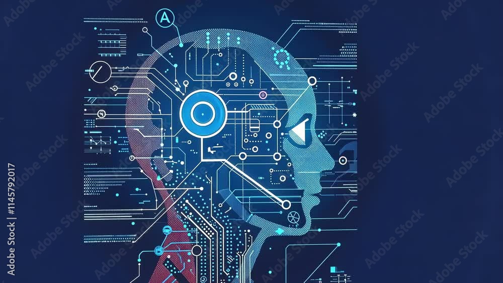 Aufkleber artificial intelligence is processing big data using electronic circuits shaped like a human head, r