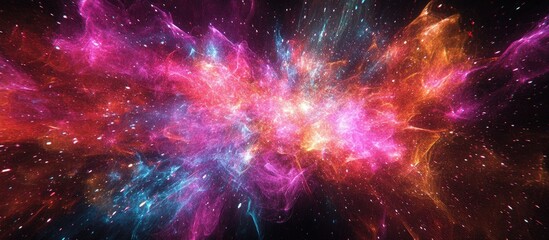 Obraz premium Multicolored cosmic explosion with vibrant hues of pink, blue, and orange against a dark background creating dramatic visual impact
