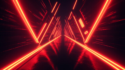 Abstract red neon light arrow speed background. Futuristic glow tech gamer graphic for banner. Fast move cyber casino design with yellow led beam. 3d triangle perspective dynamic digital party bg.