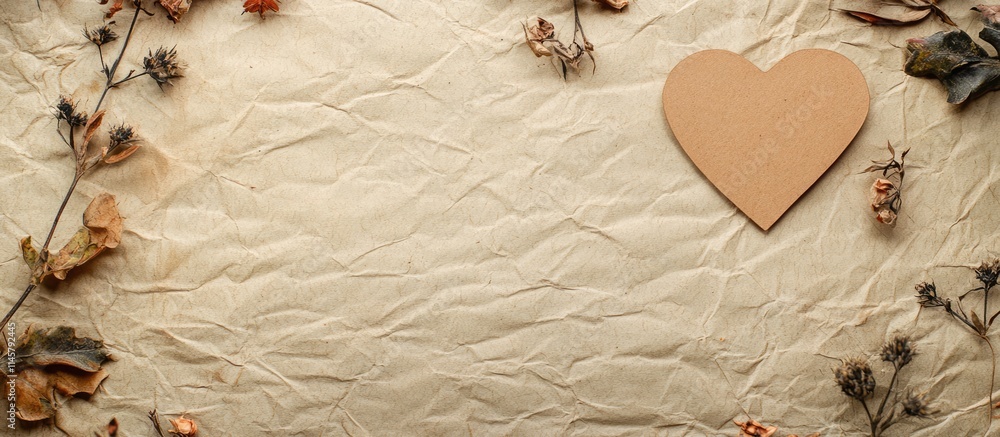 Poster handcrafted happy card with heart on textured kraft paper background featuring empty space for perso