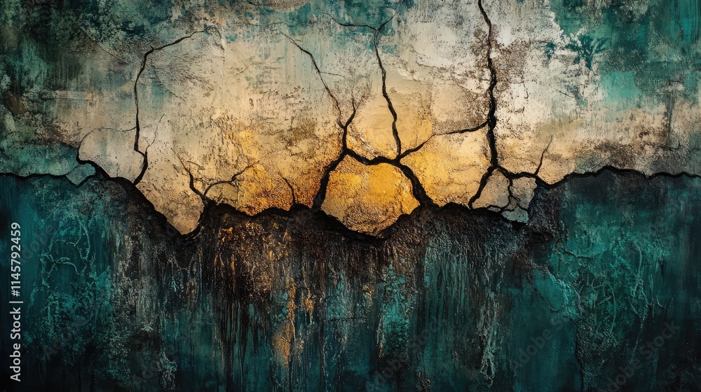 Poster abstract textured wall with prominent cracks displaying a mix of earthy tones and intricate patterns
