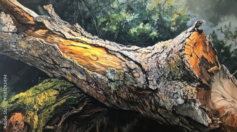 Poster detailed texture of a fallen tree showcasing intricate bark patterns and natural colors in a forest 