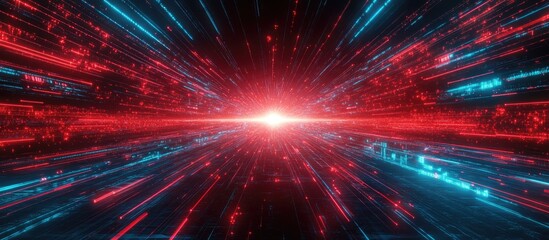 Naklejka premium Dynamic abstract background showcasing high-speed urban technology with vibrant red and blue light streaks representing motion and innovation.