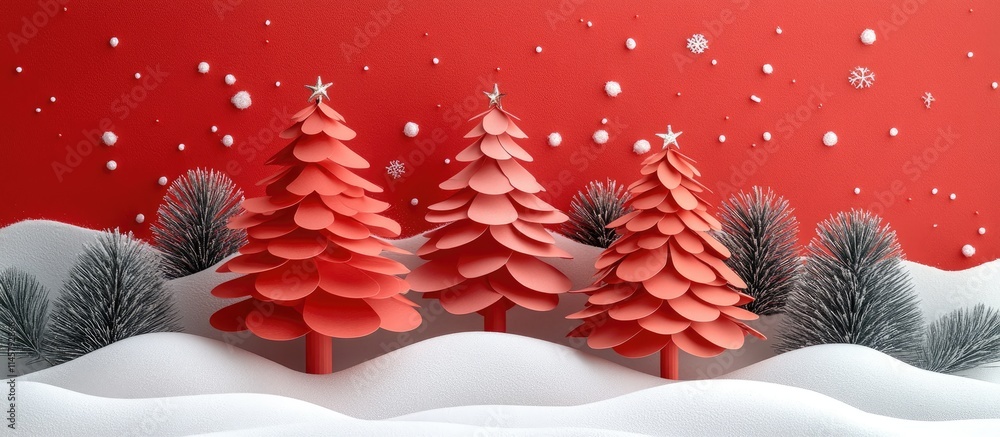 Poster paper crafted red christmas trees with snowflakes on a festive red background creating a joyful holi