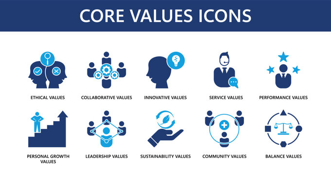 core values themed icon collection, solid icons, minimalist design.