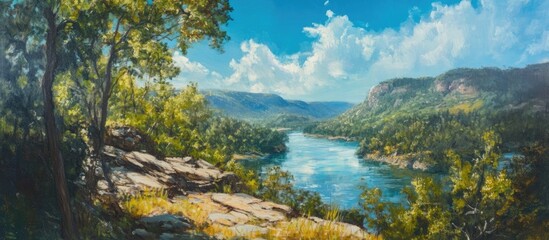 Scenic river bend surrounded by lush greenery and mountains under a bright blue sky with fluffy clouds