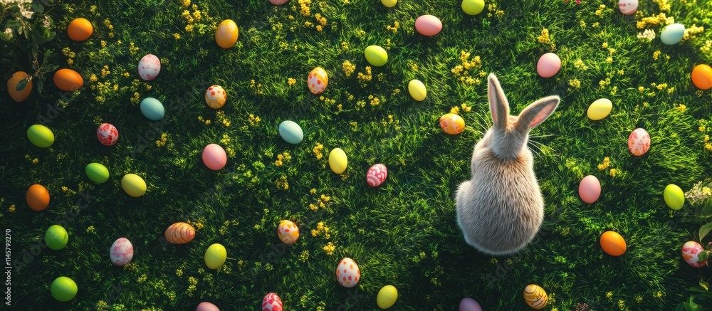 Poster easter egg hunt scene with a rabbit surrounded by colorful eggs on lush green grass creating a festi