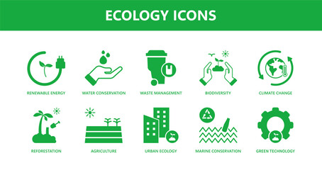 ecology themed icon collection, solid icons, minimalist design.