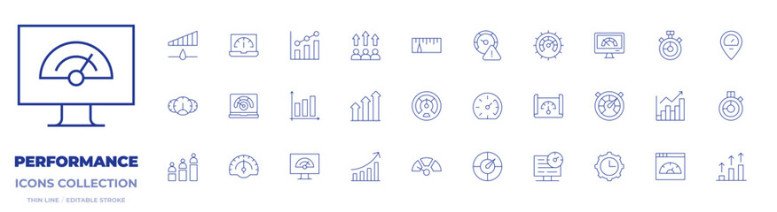 Performance icons collection. Thin Line icons, editable stroke. performance, productivity, speedometer, bar graph, growth, increase, speed limit, speed, statistics, website