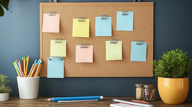 Realistic cork board with memo papers. Vector illustration of bulletin with pinned message stickers, weekly schedule planner, to-do list sheet, blank color sticky notes. Time management template
