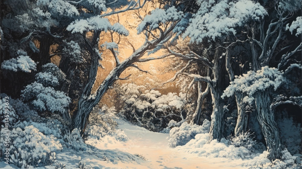 Poster enchanting winter forest landscape with snowy pathways and illuminated trees creating a serene and m