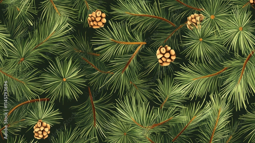 Poster lush green pine needle background with textured branches and pine cones creating a natural and calmi