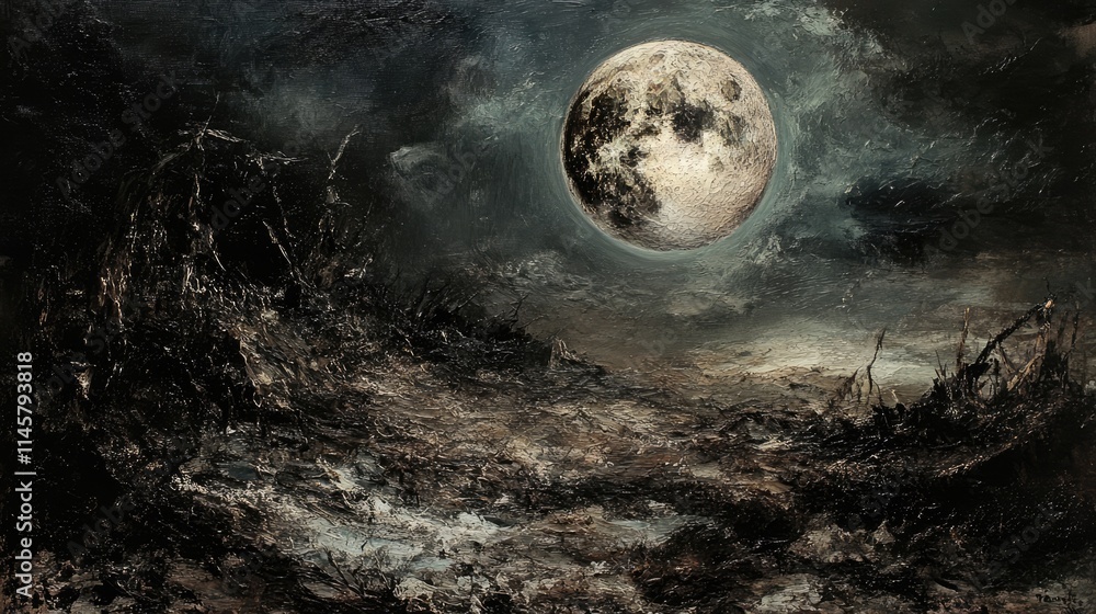 Poster mysterious landscape under a dramatic full moon illuminated by dark clouds and shadows creating an e
