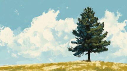 Obraz premium Lone pine tree under a serene sky with clouds showcasing a peaceful natural landscape in soft pastel colors