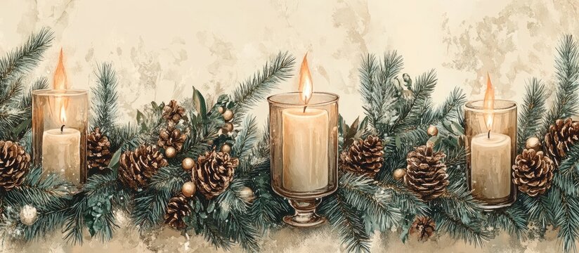 Serene holiday backdrop with glowing candles in glass holders surrounded by pine branches and festive decorations for seasonal warmth.