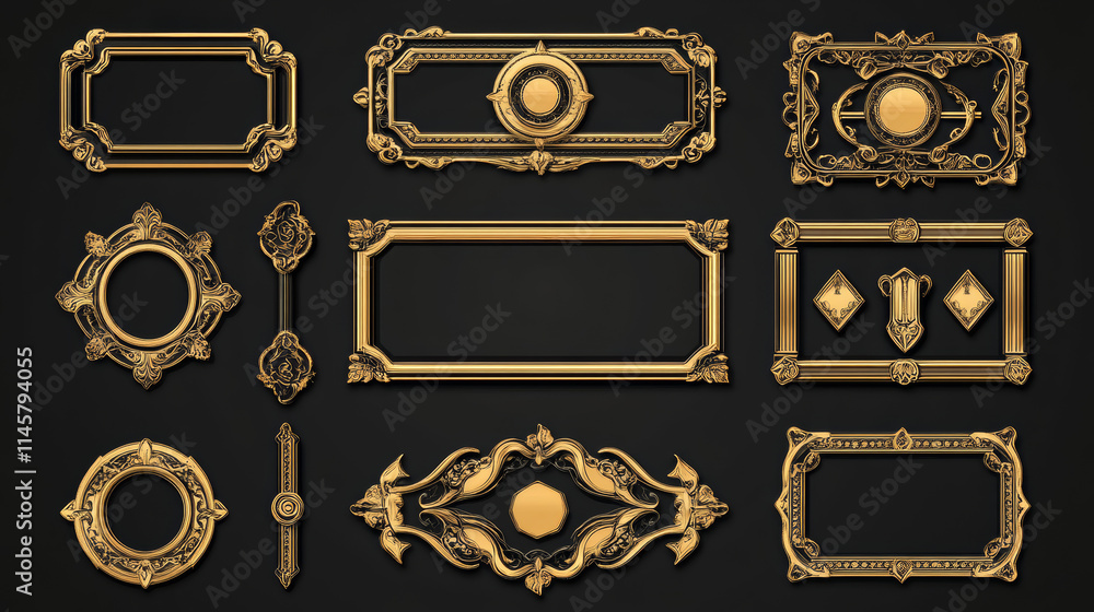 Poster realistic set of vintage avatar frames and game buttons isolated on black background. vector illustr