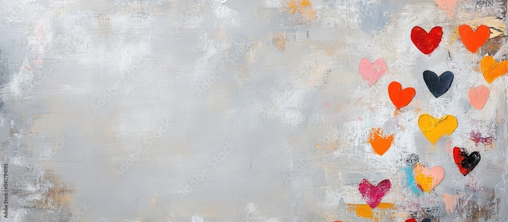 Poster colorful hearts on a textured gray background symbolizing love with ample copy space for text and cr