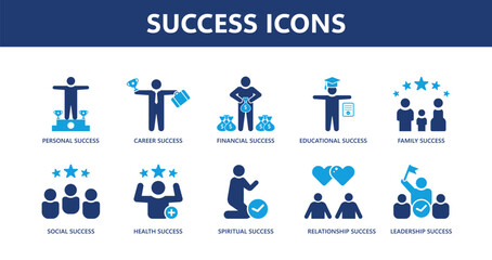 success themed icon collection, solid icons, minimalist design.