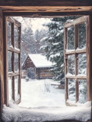 Snowy Winter View From Rustic Wooden Window