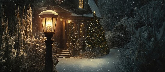 Enchanting winter night scene with a glowing lantern and a beautifully decorated Christmas tree outside a cozy home