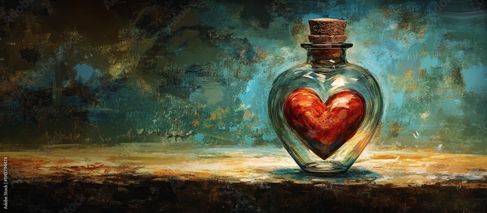 Poster glass bottle with a red heart inside artistic representation on an abstract textured background