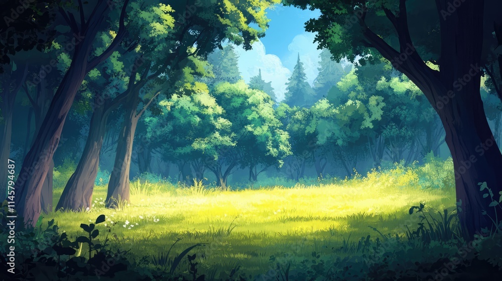 Poster lush serene forest clearing with vibrant greenery and sunlight filtering through trees creating a pe