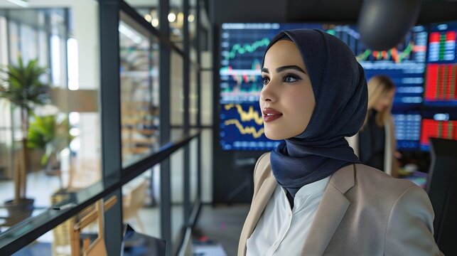 Businesswoman elegantly dressed professional attire wearing hijab exuding confidence grace analyzing stock market trend sophisticated office professional woman insight guide major investment decisions - Powered by Adobe