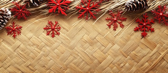 Obraz premium Handmade label on woven straw with red snowflakes and natural pinecones for festive holiday decor background