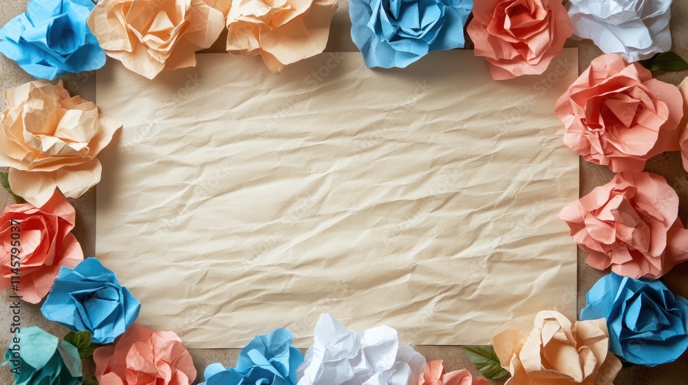 Poster craft paper frame adorned with colorful textured flowers on a rustic background for creative design 