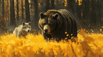 Brown bear and wolf observing each other in a vibrant yellow meadow surrounded by forest showcasing wildlife dynamics in nature