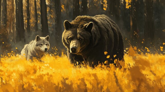 Brown bear and wolf observing each other in a vibrant yellow meadow surrounded by forest showcasing wildlife dynamics in nature