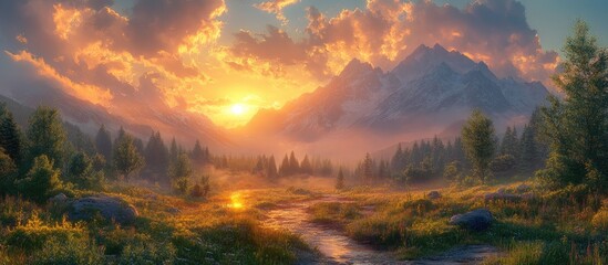 Fototapeta premium Majestic sunrise over mountains with vibrant clouds and serene landscape reflecting nature's beauty at dawn