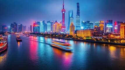 Fototapeta premium Night view of Shanghai skyline with illuminated skyscrapers and boats on river.