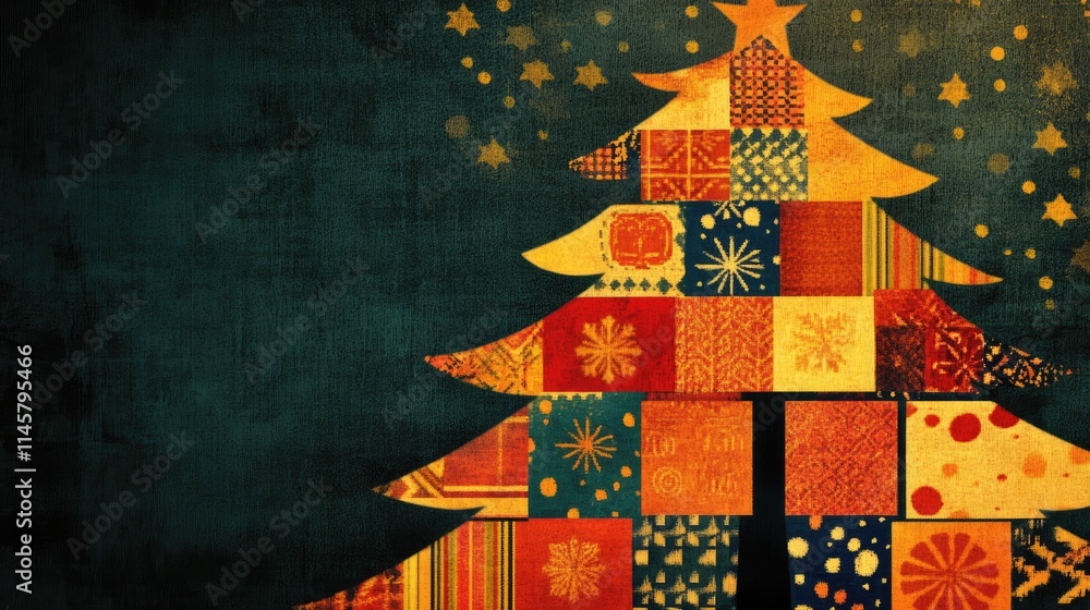 Poster patchwork christmas tree design with vibrant colors set against a dark background perfect for holida