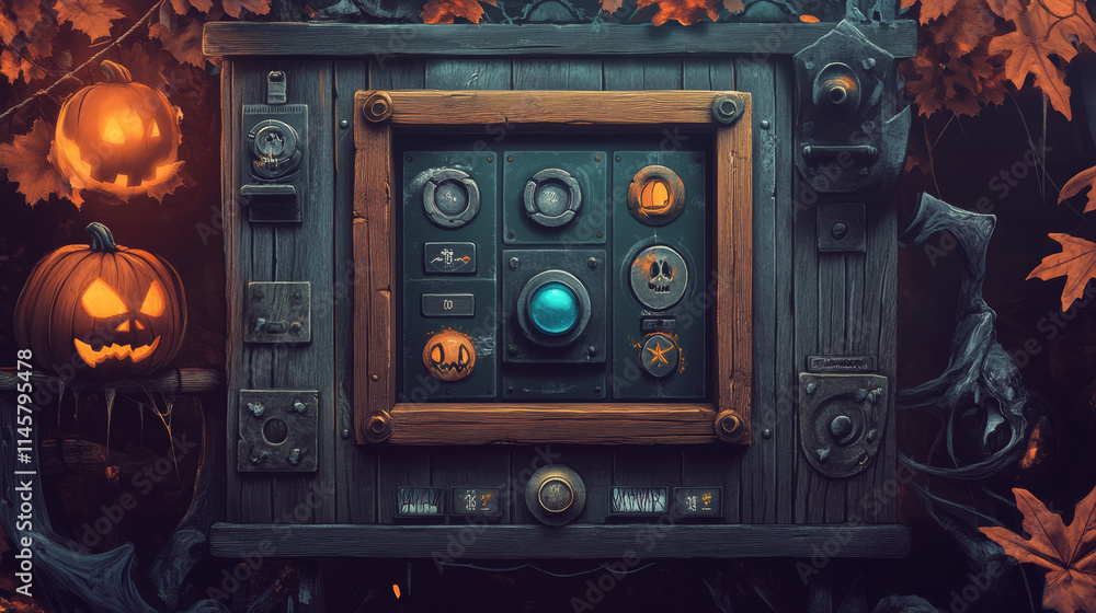 Poster old wooden boards with buttons, menu, assets and frames for game interface design. vector cartoon se