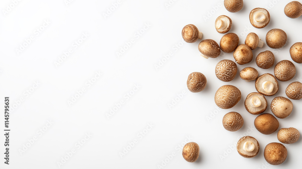 Poster fresh shiitake mushrooms scattered on a white surface display their unique shapes and textures while