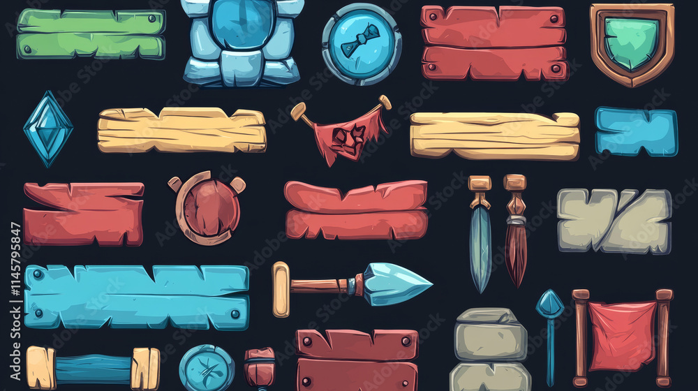 Poster set of game frames, bars and menu buttons cartoon interface elements. empty borders with banners, ui