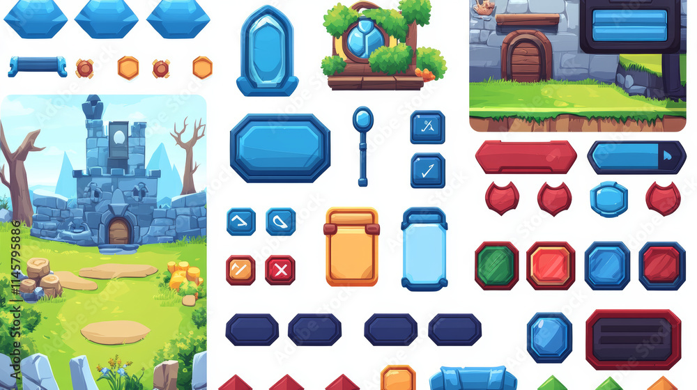 Poster set of game frames, bars and menu buttons cartoon interface elements. empty borders with banners, ui