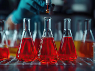 Scientist conducting precise liquid testing in laboratory with red solutions in glass flasks