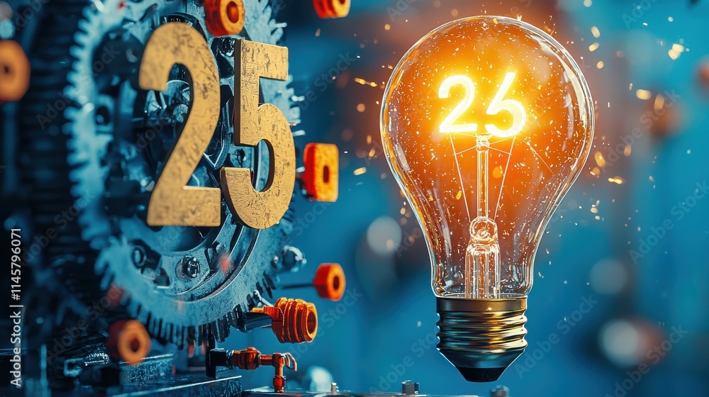 Poster dynamic light bulb brightening with changing numbers industrial setting digital art futuristic envir