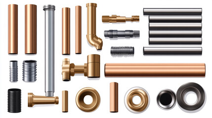 Pipes stack, straight steel or copper, metal or pvc plumbing cylinders. Industrial pieces of pipelines for conduit, factory or construction works isolated on white background. realistic 3d vector set