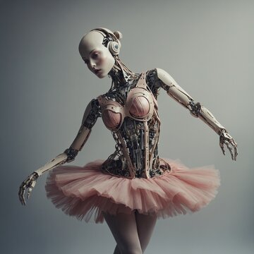 A robotic ballerina with delicate, articulated limbs.