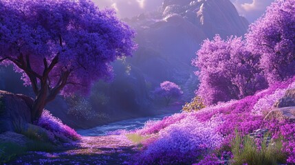Vibrant landscape with purple flowering bushes and serene nature scenery in a tranquil environment showcasing natural beauty and harmony