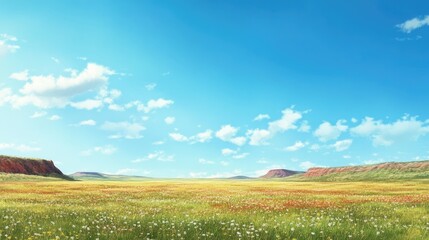 Obraz premium Vibrant outback spring landscape featuring a vast field of wildflowers under a clear blue sky with scattered clouds and distant red cliffs.