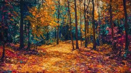 Obraz premium Autumn landscape with vibrant foliage in a serene forest path showcasing colorful leaves and warm light filtering through trees