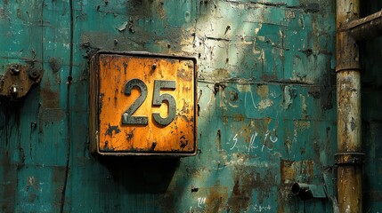 Sunrise illuminating number 25 on weathered wall in industrial setting low resolution photography urban environment artistic perspective